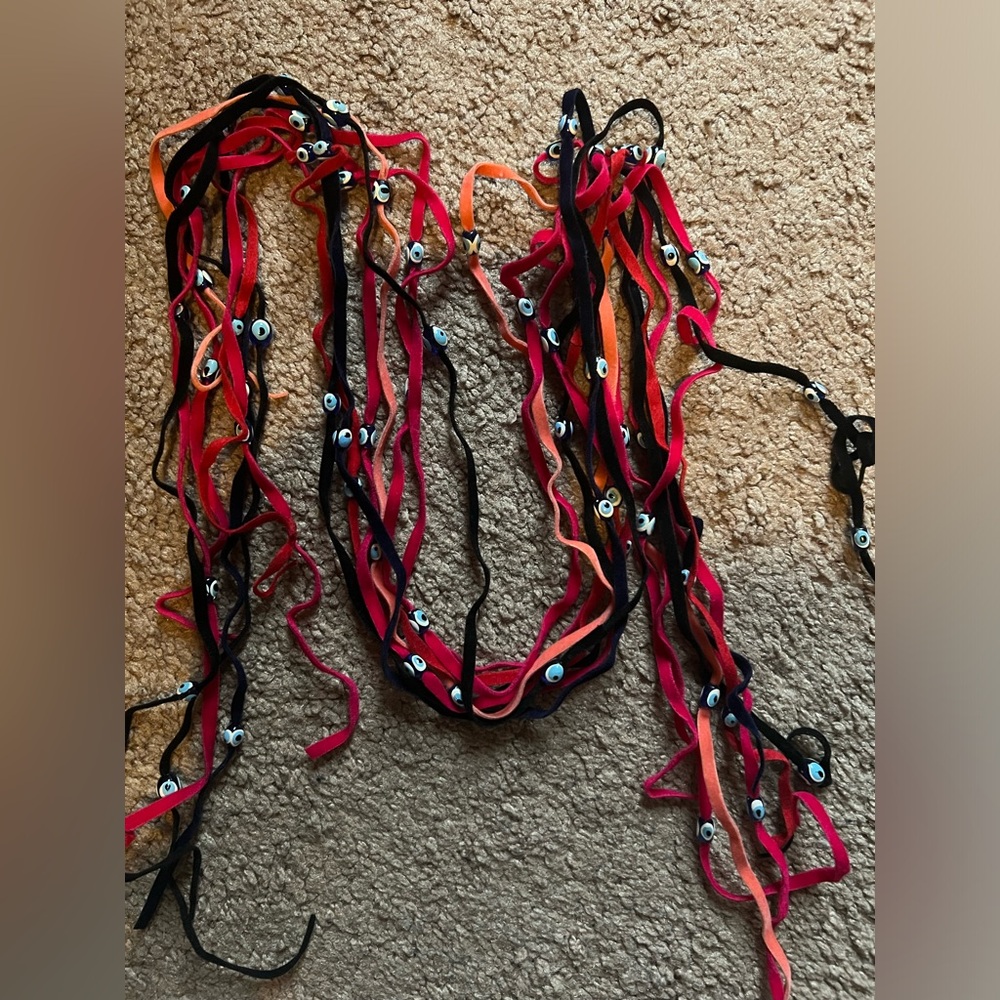 Felt evil eye bracelet, necklace, tie, wrap, in Pink, Black, red, and Salmon